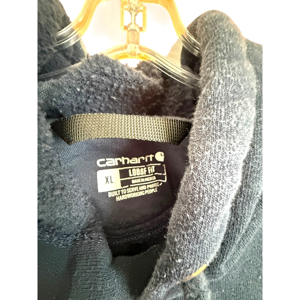 Carhartt Hoodie XL Loose Fit Navy‎ Blue Spell Out Logo Sleeve Sweatshirt - Picture 5 of 11
